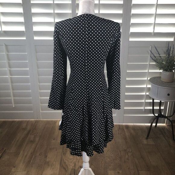 Vtg 80s D Frank Polka Dot Dress 12 NEW A Line Black Tiered Skirt Cute Flirty Fun - Picture 4 of 12
